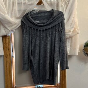 Notations Charcoal Cowl Neck Sweater with Fringe